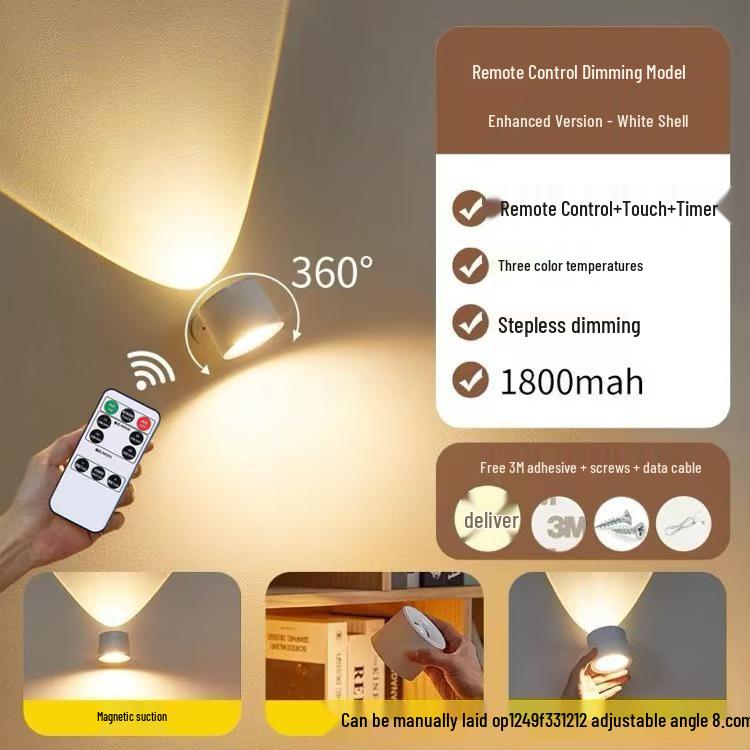 Rechargeable Wireless No-Drill Magnetic Bedside Reading Light with Remote Control