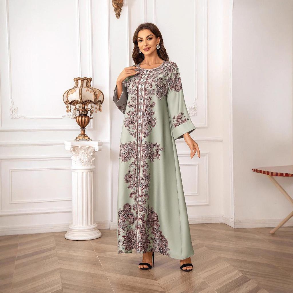 High-Density Beaded Print Muslim Abaya Dress