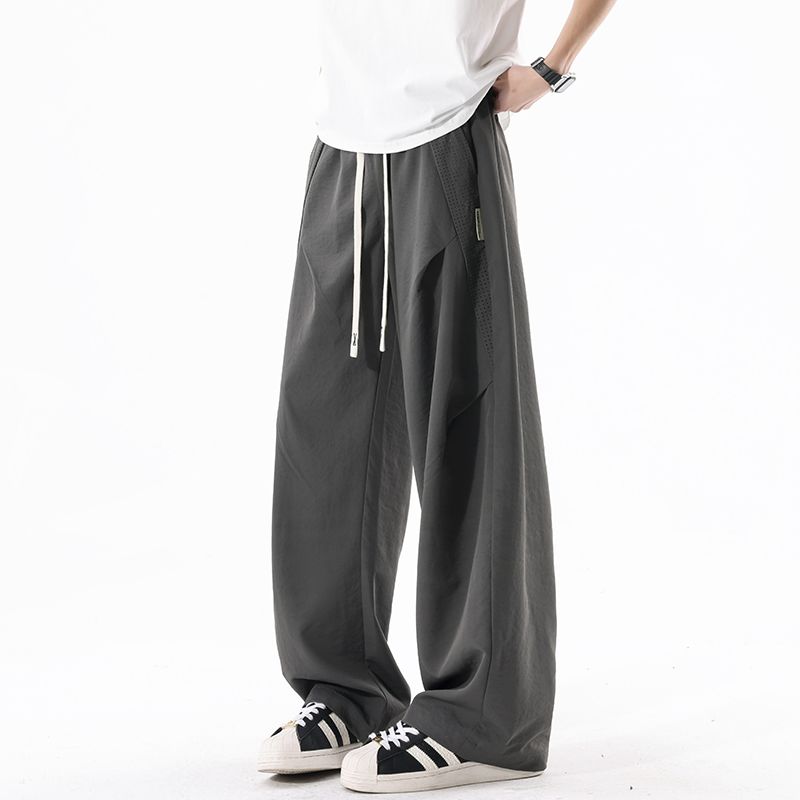 Trendy Men Summer Ice Silk Casual Pants Loose Comfortable Breathable Wide Leg Trousers Lightweight 4XL серый