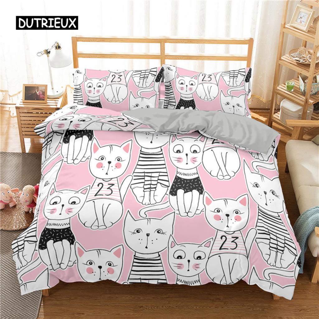 Home Textile Cartoons Cute Cat Quilt Cover Duvet Cover Pillow Case Boy Girl 2/3Pcs Polyester Bedding Set King Queen Twin Size