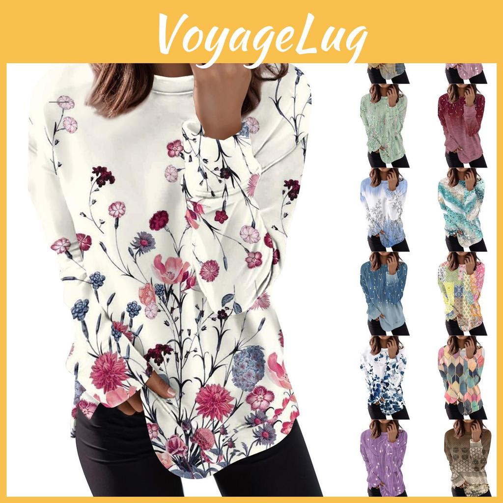 Womens Long Print Casual Fashion Sleeve Round Neck Pullover Top