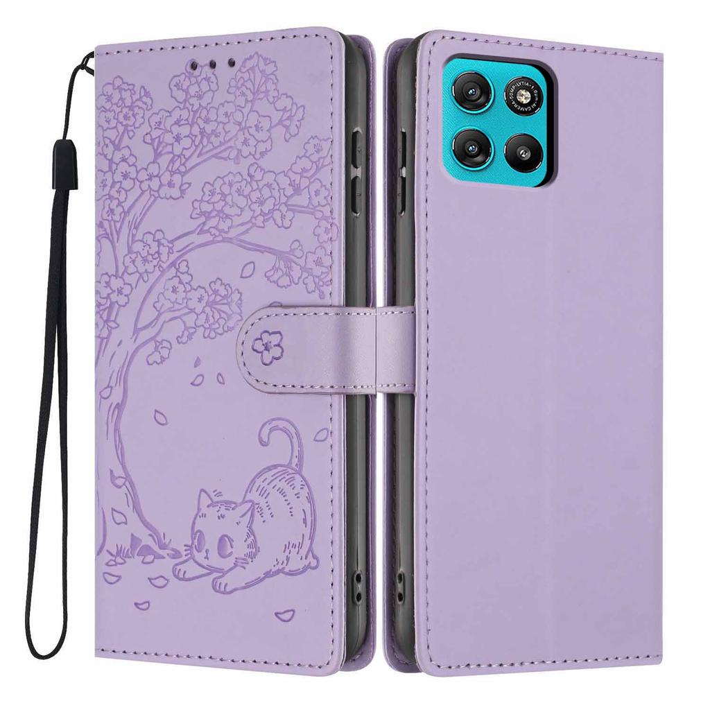 For Motorola Moto G67 Power 5G/G57 Power 5G Stand Case Tree-and-Cat Pattern PU Leather Wallet Protective Phone Cover with Wrist Strap