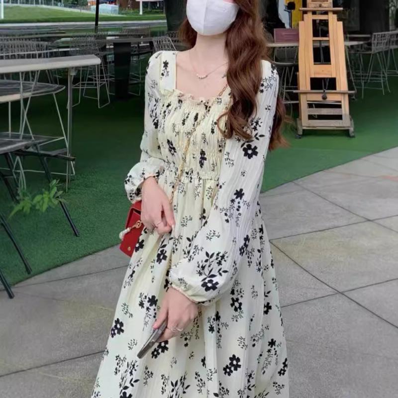 2024 Herbst Französisches Blumen-Chiffonkleid mit schlanker Taille und langen Ärmeln