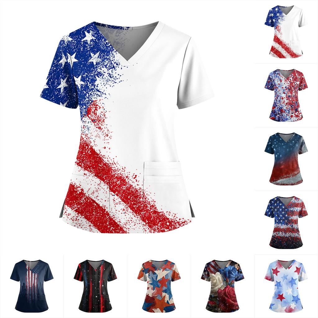 Women's Independence Day Print V-Neck Double Pocket Short Sleeve Uniform with Slit Hem - Caregiver Top