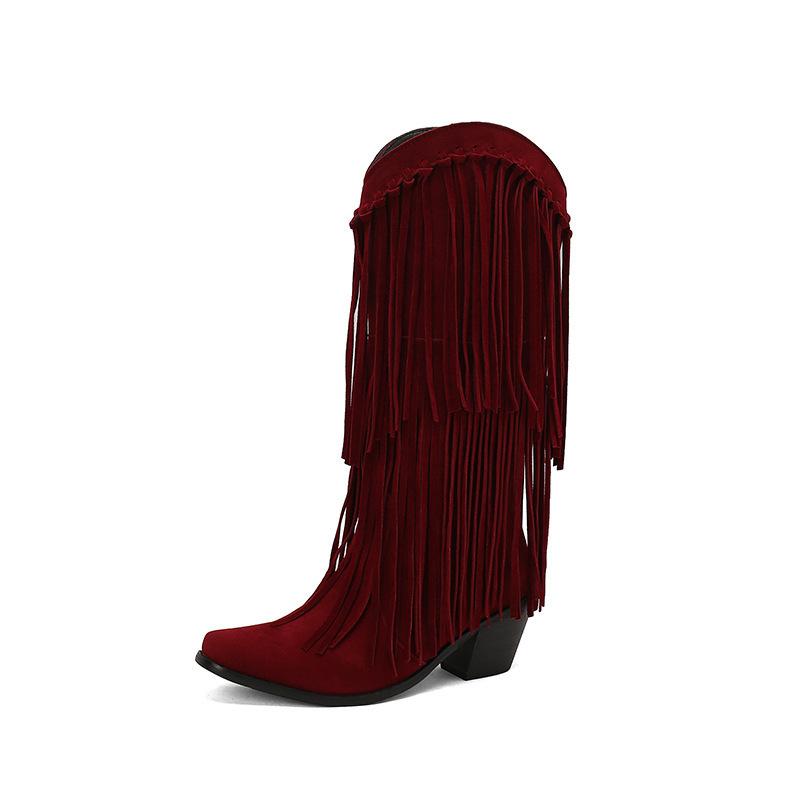 Autumn and winter new ebay supply fringed  boots size small square head solid color versatile high heel medium boots