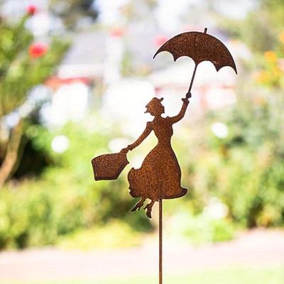 1pc Metal Garden Decor, Rust Patina Rusty Flower Bed Stake Woman with Umbrella Decorative Rust Figure for The Garden Mother'S Day Gift - Floor Mount