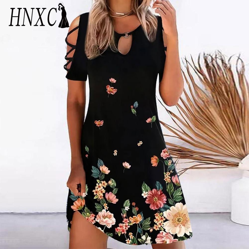 HNXC 13 Color Women Floral Print Dress Summer Sexy Short Sleeve O-Neck Mini Dresses Female Vintage Elegant Dress