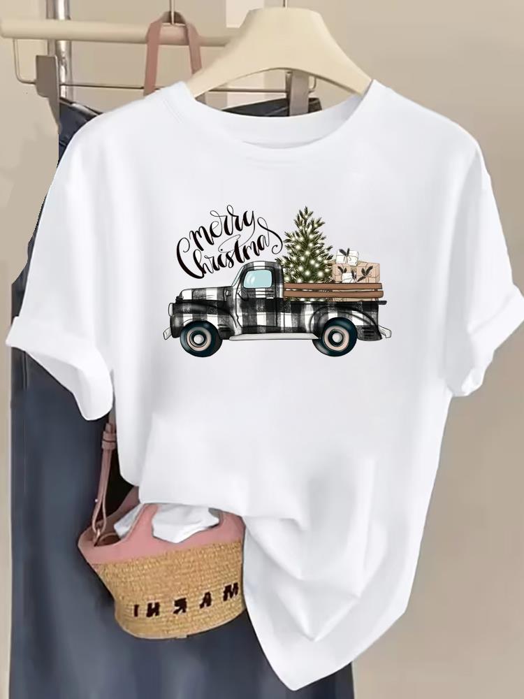 (Asian Size) printing truck trend Women Fashion Festival New Year T Shirt Christmas Clothing Tee Top Print Woman Short Sleeve Graphic T-shirts