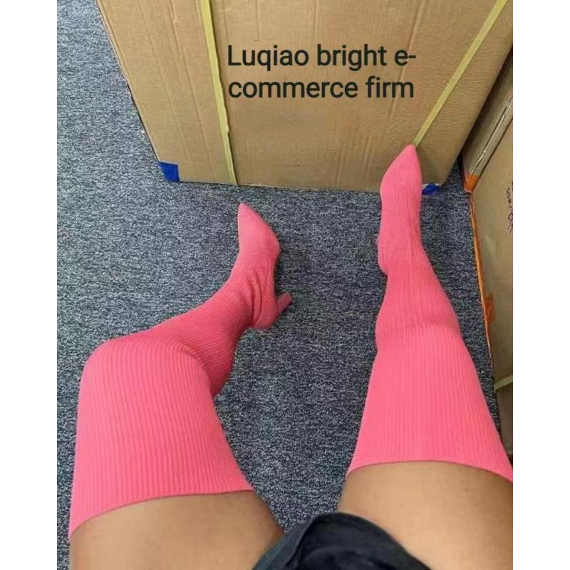 New Pointed Thick Heel Knee Elastic Boots European and American Autumn and Winter Large Size High Heel Boots