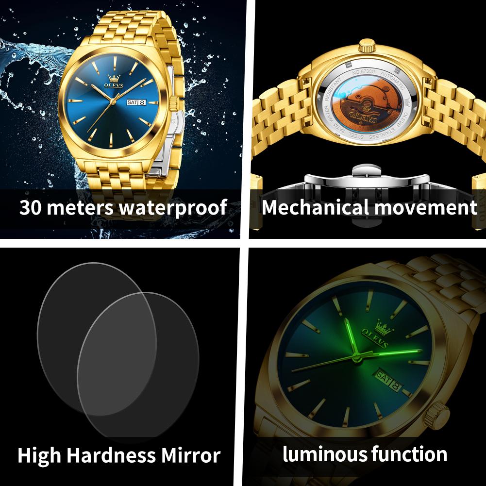 OLEVS 6730 High Quality Gents Mechanical Watch New Design Stainless Steel Band Luminous Calendar Hollow Out Business Wrist Watch