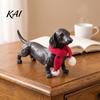 Small Animal Sculpture Dachshund Statue, Resin Standing Dog Figurine with Red Knitted Fireplace Mantel Decor Scarf, Cute Christmas Puppy for