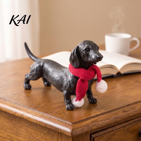 Small Animal Sculpture Dachshund Statue, Resin Standing Dog Figurine with Red Knitted Fireplace Mantel Decor Scarf, Cute Christmas Puppy for