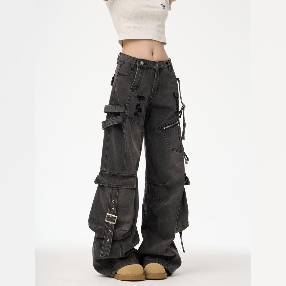 

Unisex Multi-Pocket Wide Leg Ripped Denim Jeans - Trendy American High Street Style S