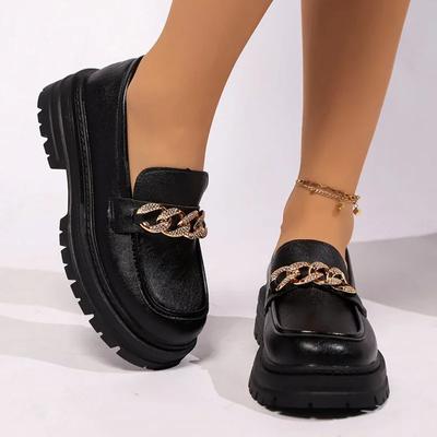 Freizeit flache Schuhe Metallkette dicke Loafer Damen Frühling Plateau PU-Leder rund Damen Retro Übergröße Pumps Frau