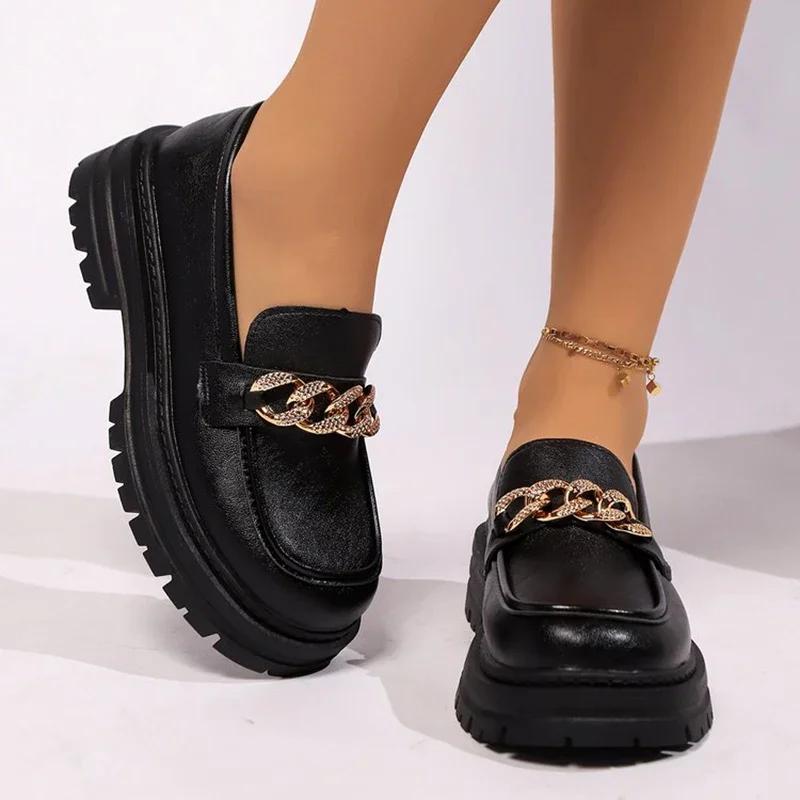 Casual Flats Metal Chain Thick Bottom Loafers Mujer Spring Platform Pu Leather Round Shoes Women Vintage Plus Size Pumps Woman