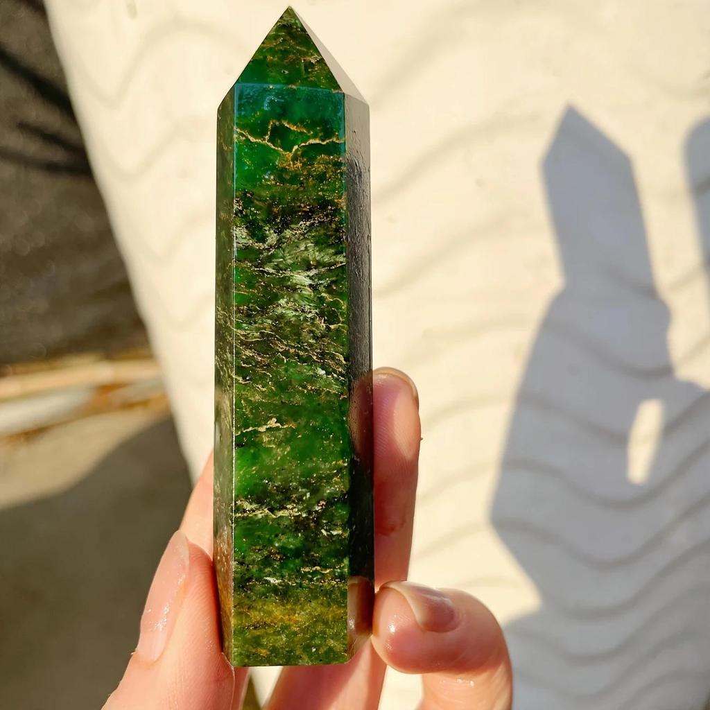 Emerald and Golden Green Aventurine Hexagonal Column Polished Ornament