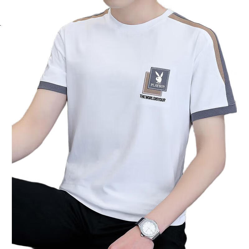 PLAYBOY Short-Sleeve T-Shirt for Men, Summer Loose Ice Silk Top, Round Neck High-End Trendy Brand Cool-Feeling Half-Sleeve, White, Size L