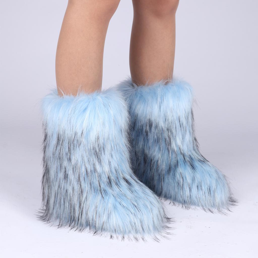 Casual Faux Fox Fur Ankle Boots for Women Winter Warm Plush Short Fur Boots Comfortable Flat Heel Plus Size Snow Boot for Ladies