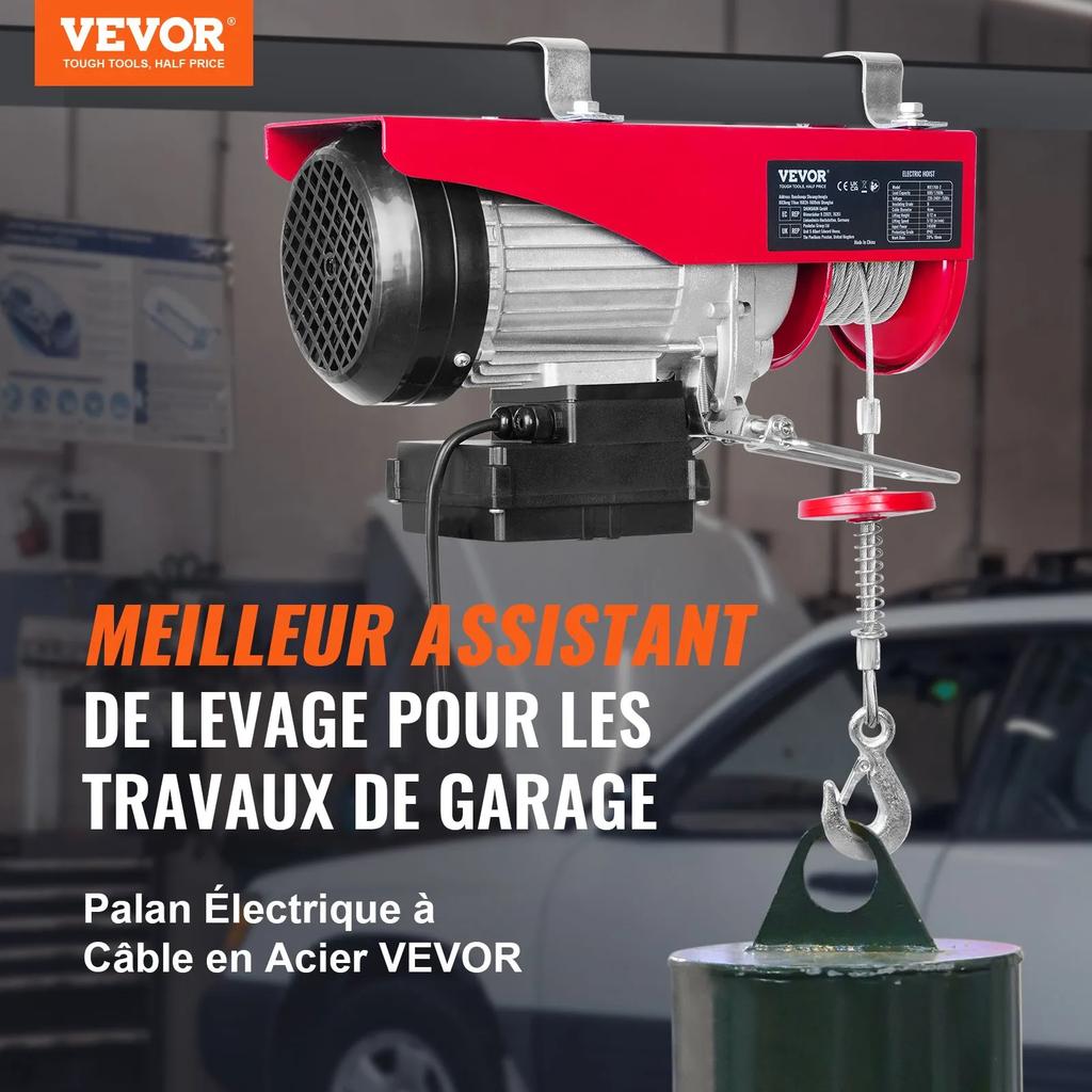 VEVOR Polipasto Eléctrico, Capacidad de Elevación de 798 kg, Cabrestante Eléctrico de Cable de Acero de 1450W 220V con Mando a Distancia Inalámbrico