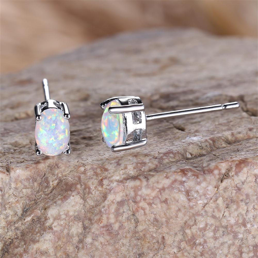 White Blue Green Opal Oval Stone Small Stud Earrings For Women Boho  Silver Color Wedding Jewelry Bridal Engagement Gifts