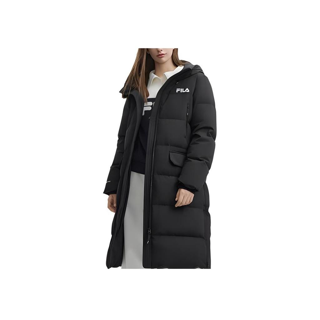 Fila Geacă Lungă Originală din Puf Culoare Solidă Simplă Caldă Lungă cu Glugă Palton de Puf pentru Femei Îmbrăcăminte Exterioară Negru F11W449906FBK