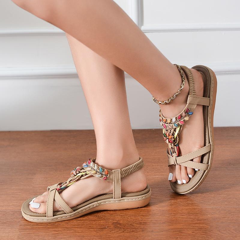 Bohemian Style Summer Shoes Women Flat Sandals Thick Sole Elegant Ladies Beach Sandals Summer Holiday Shoes Plus Size 42