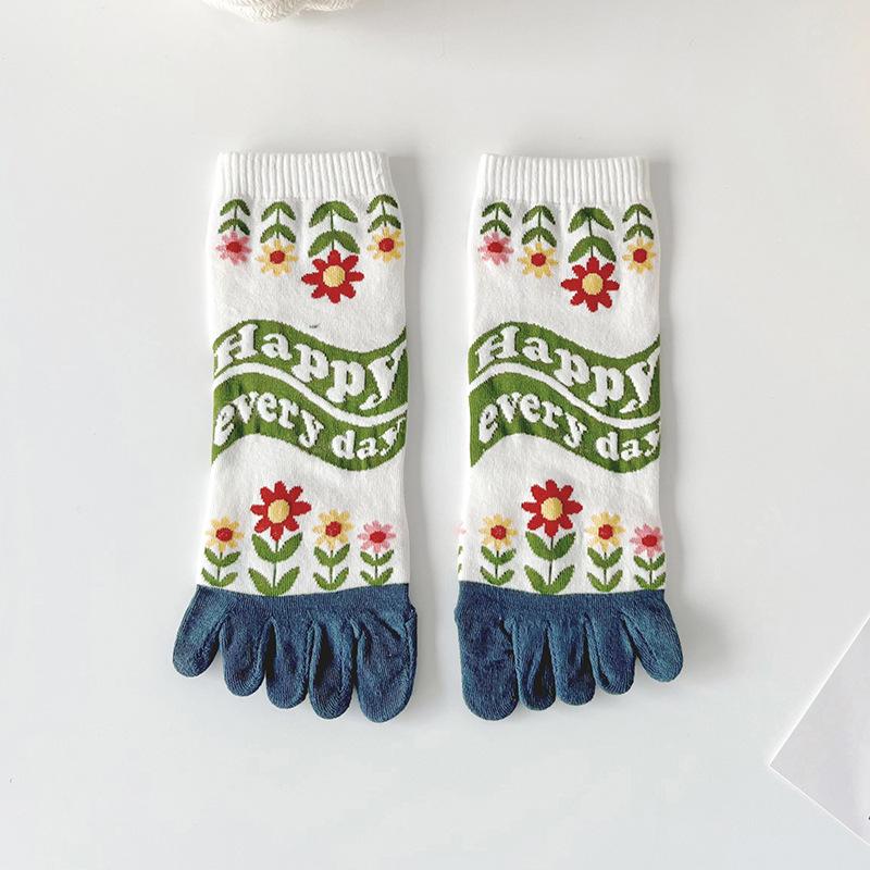 

Женские носки с пятью пальцами, Хлопковые носки на весну и лето, Мультяшные и милые, С раздельными пальцами, Дышащие, Потопоглощающие, Носки до середины икры против потливости 1 pair