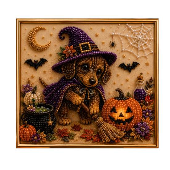 Seasonal Home Decor Projects Halloween Faux Pearl Painting Kit, Puppy Art DIY Witch Stress Relieving Hobbies Hat Bead Craft Kit for Adults And Teens,