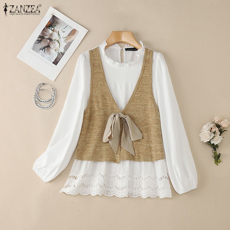 ZANZEA Lässige Patchwork-Bluse mit Rundhalsausschnitt und langen Ärmeln für Damen