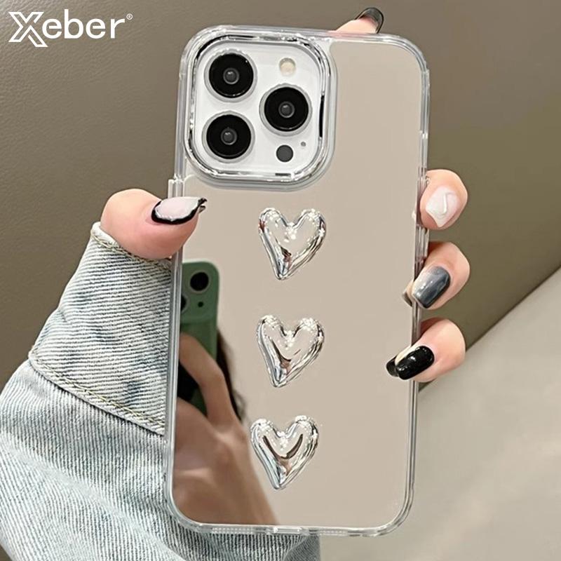 Luxury Make Up Mirror 3D Love Heart Acrylic Case For iPhone 15 14 13 12 11 Pro Max Shockproof Bumper Protection Hard PC Cover