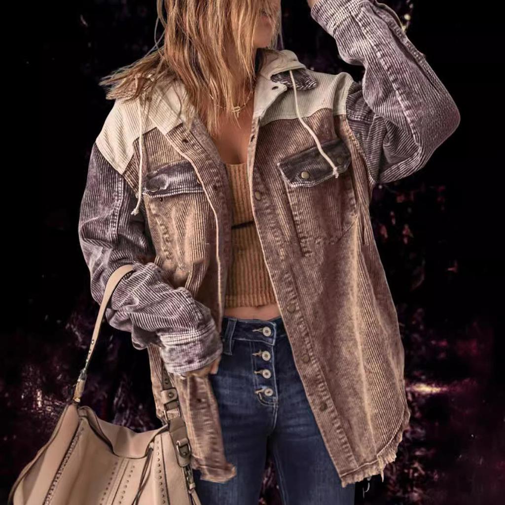 Women's Autumn Corduroy Shawl Jacket Long Sleeve Buckle Color Matching Hooded Jacket With Pocket