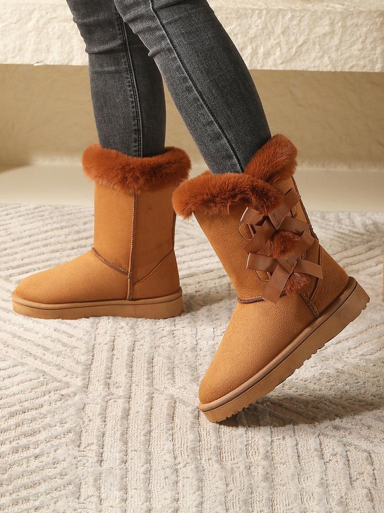 Fashion Hot Sale Shoes for Women Slip On Women' Boots Winter Round Toe Solid Flock Plush Warm Comfortable Low-heeled Mid Calf Snow Boots