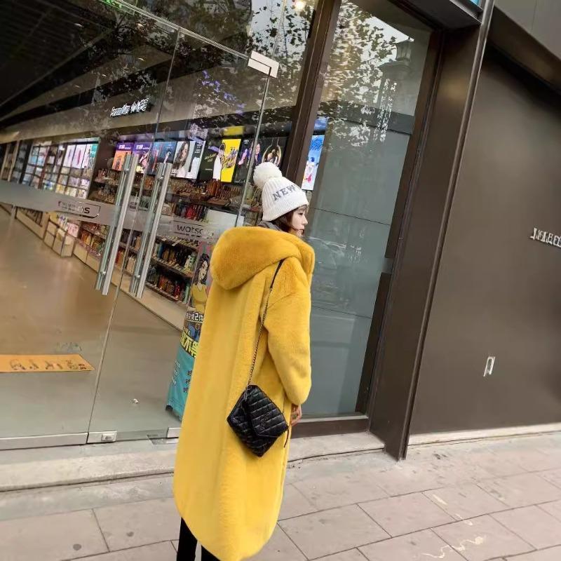 Furry jacket women's large size autumn and winter thickened imitation mink hair medium and long hooded loose plush imitation fur coat