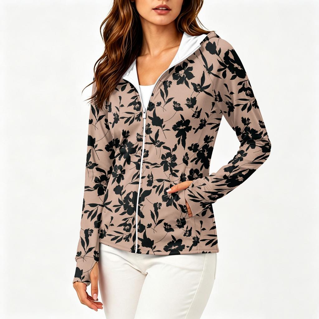 Women Lightweight Zip Up Hooded Jacket Long Sleeve with Pockets Printed Sun Protection Outerwear for Outdoor Activities