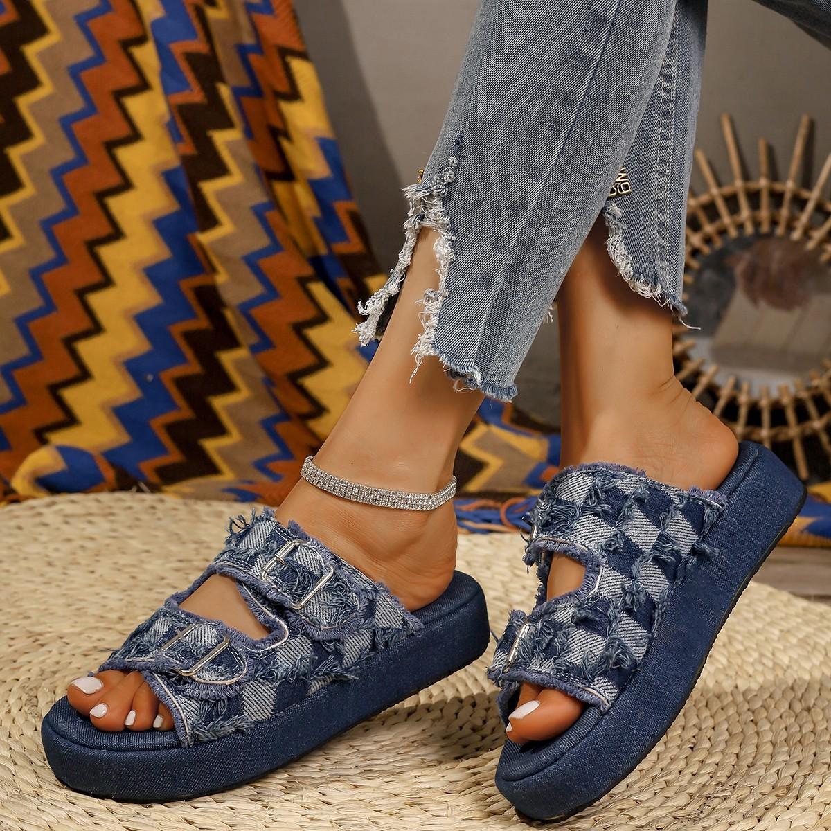 

Новые джинсовые двубортные однопедальные тапочки большого размера для женщин, летняя одежда 2025 года, повседневные тапочки на толстой подошве 40 синий