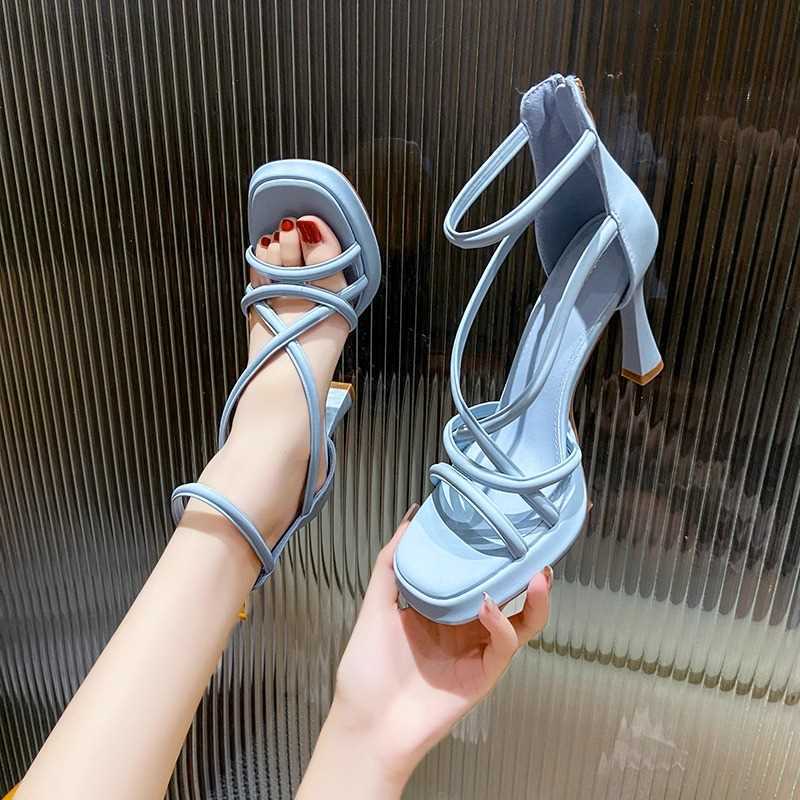 European and American waterproof table one-word buckle with high heels, new niche cross-strap stiletto open-toed sandals