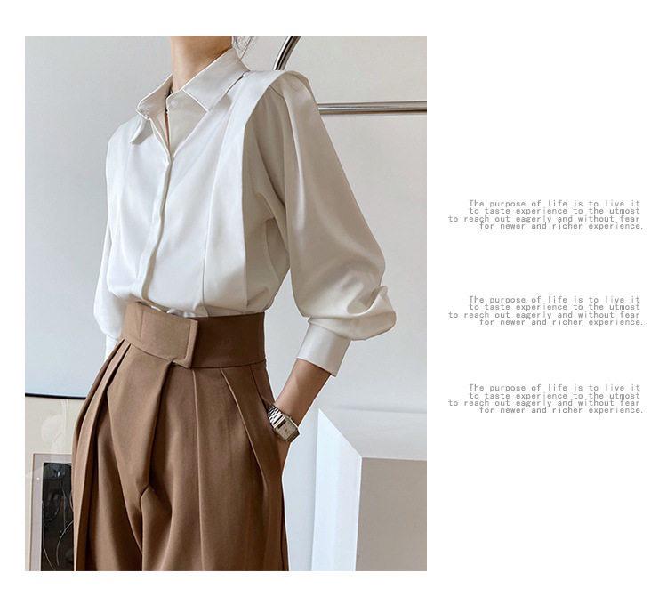 Chic Spring French Satin Long Sleeve White Shirt - Wrinkle-Resistant Women's High-End Design