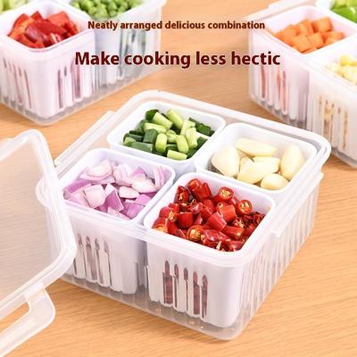 Caja de Almacenamiento para Nevera 4 Compartimentos Caja de Almacenamiento para Alimentos, Verduras y Frutas Organizador para Nevera Cesta Drenante Carne Cebolla Jengibre Transparente Compartimento para Verduras