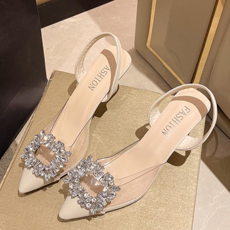 Women's Baotou Sandals Summer New Pointed Head Shallow Mouth Crystal Buckle Anti-slip Wear-resistant High Heels