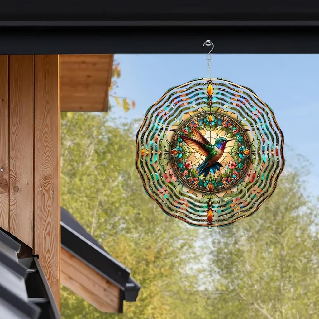 Vibrant 10-Inch Hummingbird Wind Spinner – 3D Kinetic Metal Hanging Ornament with 360° Rotation, Colorful Floral & Butterfly Design for Garden