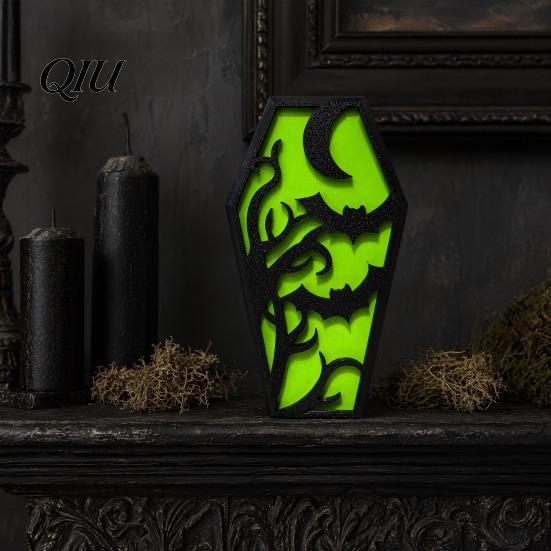 Halloween Ghost Spider Decoration Casket Decor, DIY Bat Ornament with Lights, Atmosphere Lighting Spooky Graveyard Scene Prop for Party