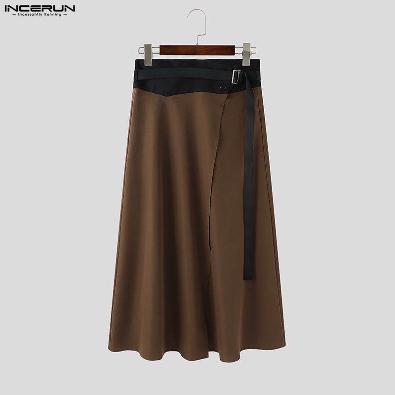INCERUN Men Women Patchwork High Waist Belt Casual Ruffled Pleated Skirts