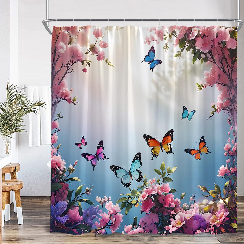Colorful Butterflies Floral Shower Curtain Flowers Plants Blooming Blossom Bathroom Decorations Polyester Bath Curtain With Hook