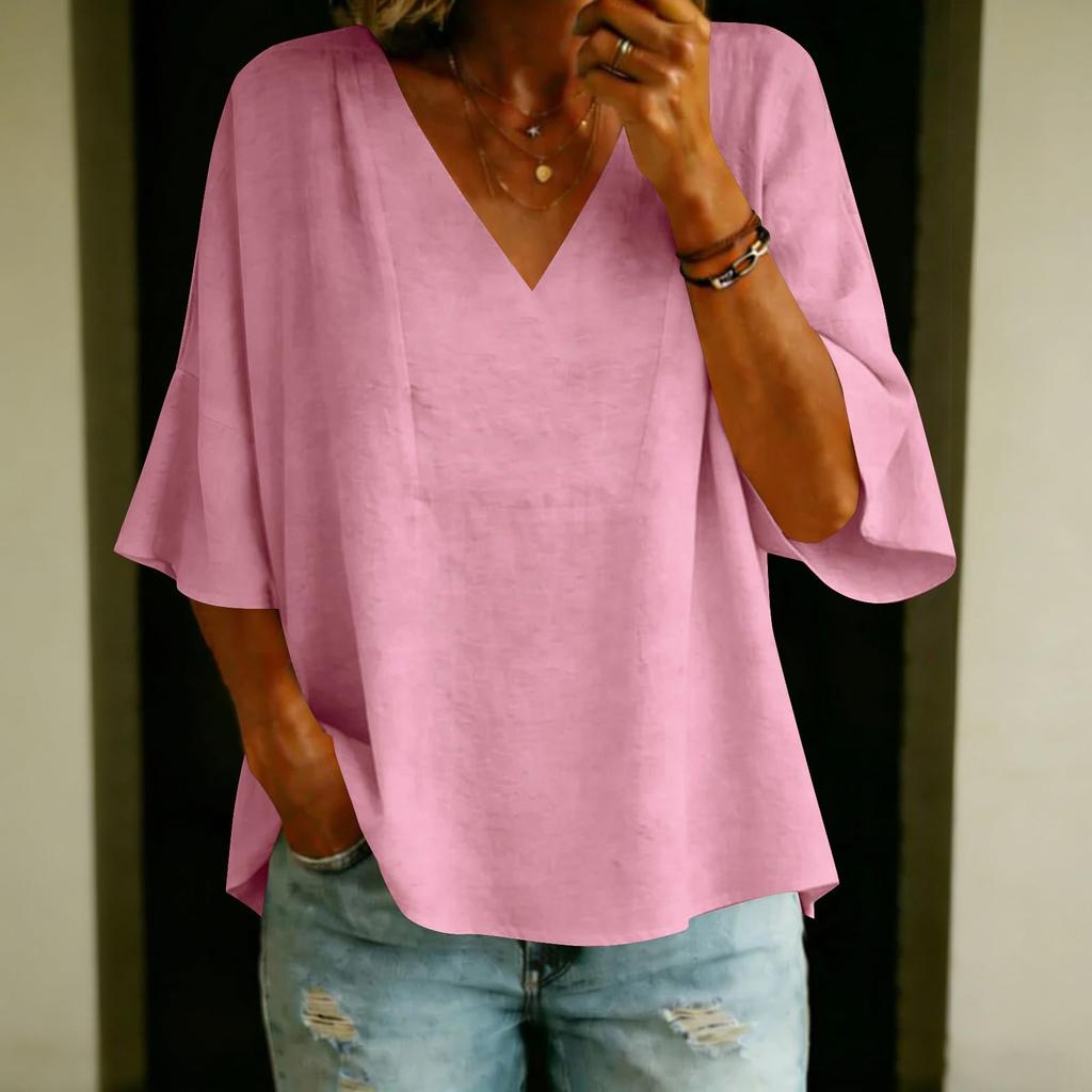 Women Lightweight Loose V Neck Tops Casual 3/4 Sleeve Linen Shirts