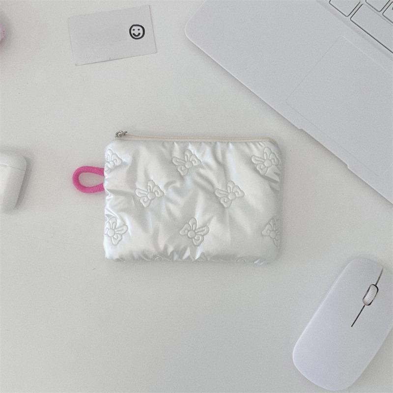 Silver Bow Pattern Coin Purse Women's Earphone Coins Keys Wallet Organizer Zipper Pouch Cosmetic Bag