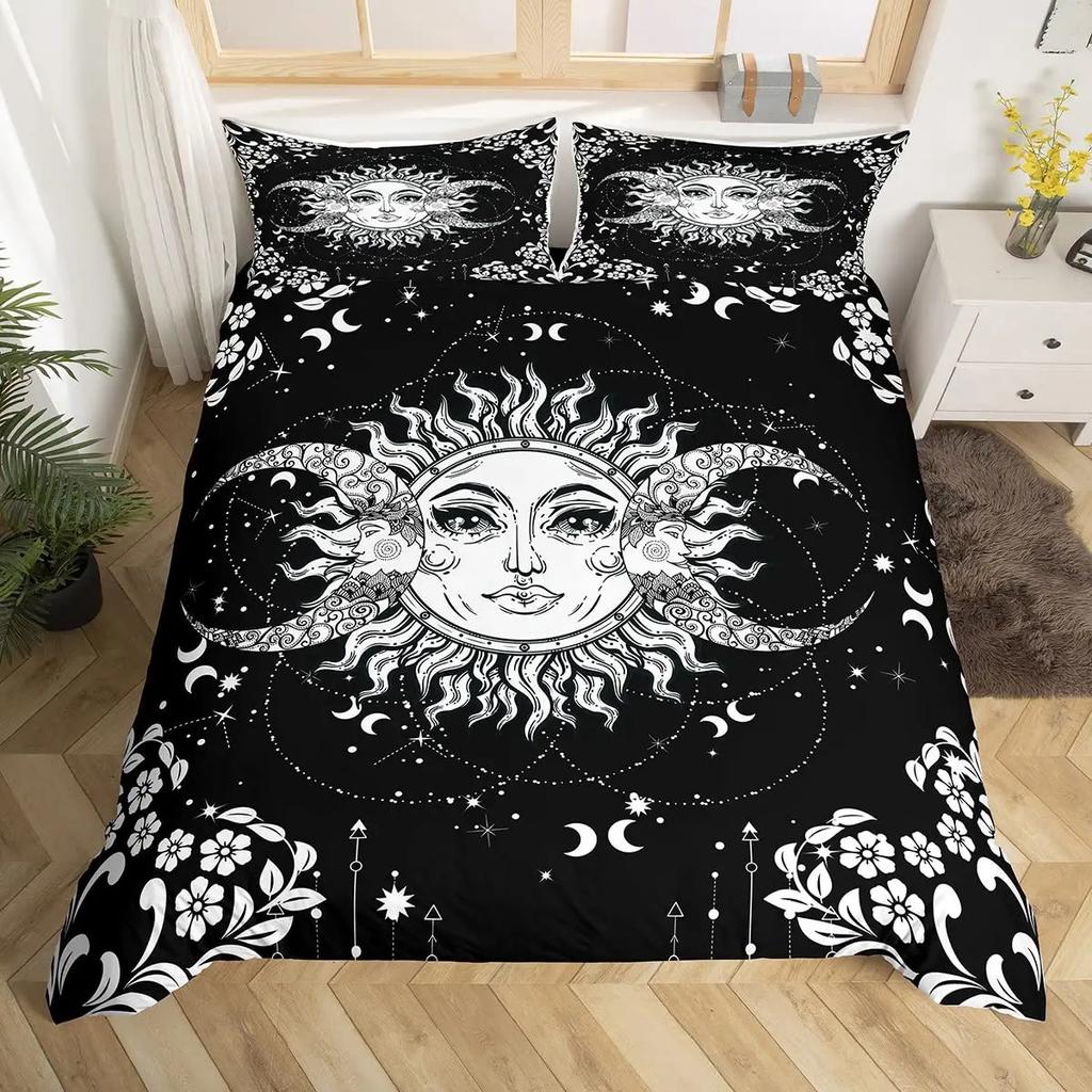 Mandala Duvet Cover Set Sun And Moon Comforter Cover Ties Exotic Style Black And White Botanical Floral Polyester Bedding Set