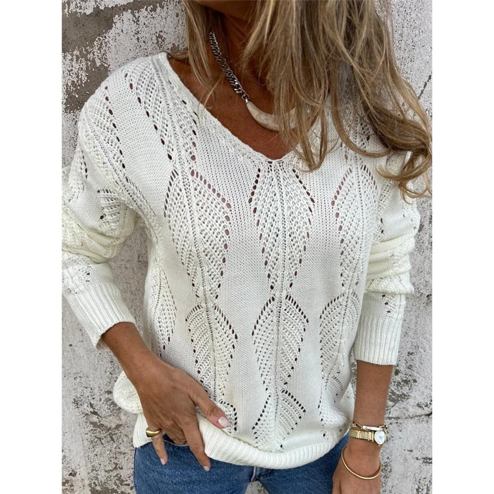 Women's long-sleeved V-neck hollow leaf pattern button knit sweater