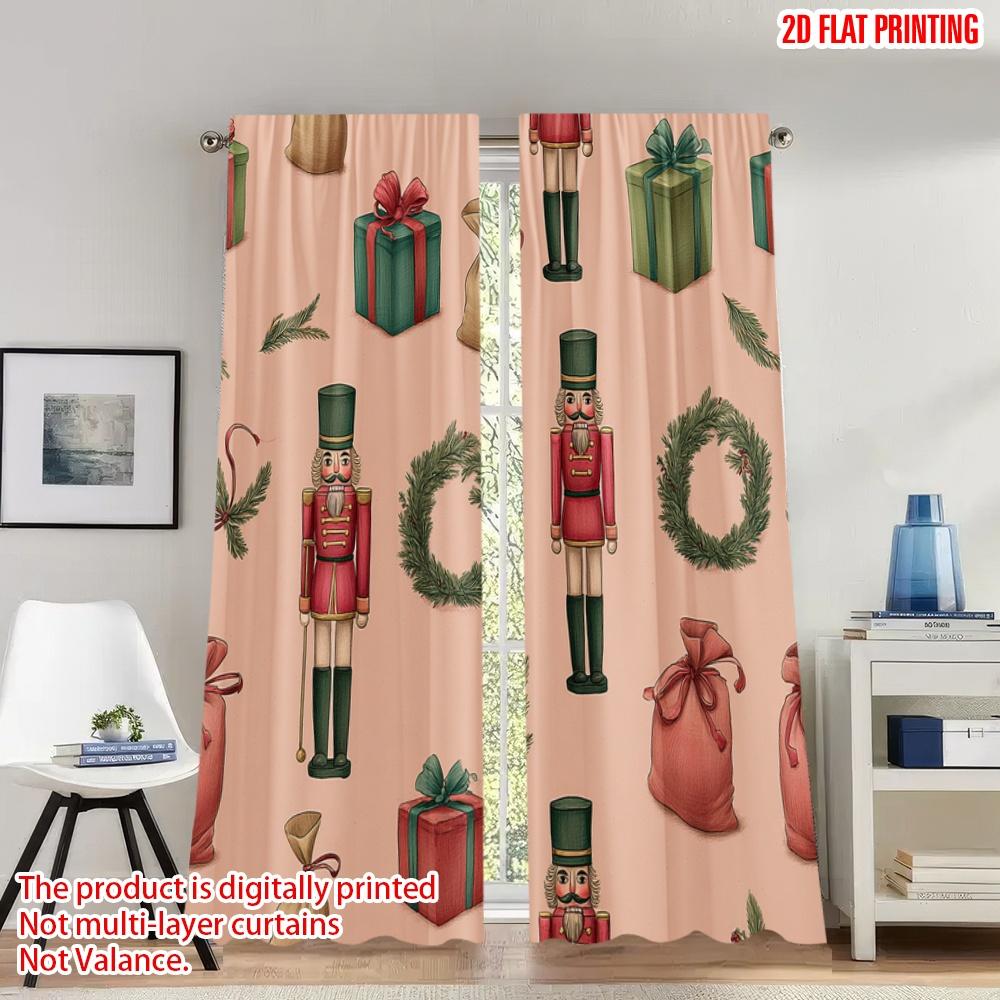 

Set Of 2 Flat Printing Christmas Party Curtains Nutcracker Gift Wreath Digital Printed Polyester Drapes Festive Holiday Curtain Made W100*H70(CM)-Rod Pocket&2PCS