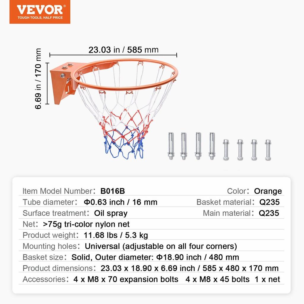Basketball Rim, Wall Door Mounted Basketball Hoop, Heavy Duty Q235 Basketball Flex Rim Goal Replacement with Net, Standard 18" Indoor and Outdoor