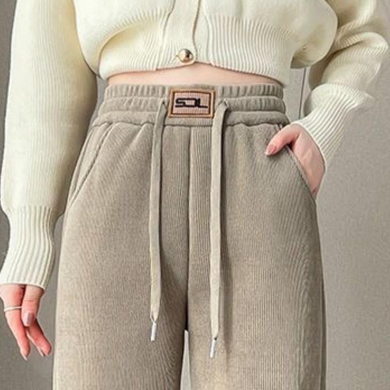 Pantaloni calduri din lână de miel îngroșați de iarnă pentru femei, ocazional, elastic, cu talie înaltă, pantaloni vintage cu picioare largi, design nou, pantaloni largi, chic, pentru exterior